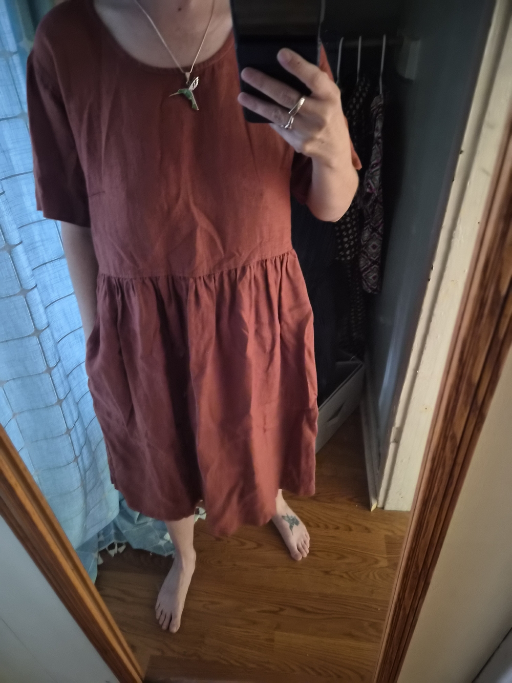 Linenfox Rust/Orange Tiered Short Sleeve Midi Dress